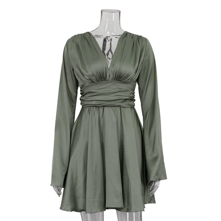 Women's Spring Sexy Cinched Dress Bell Sleeve Solid Dresses