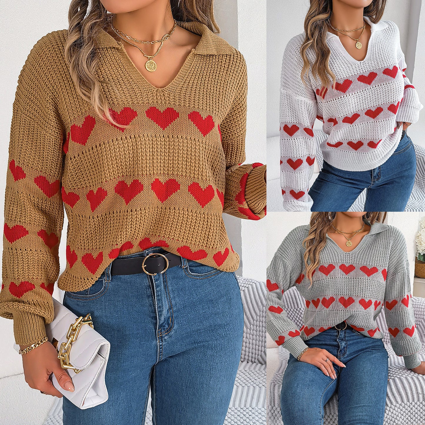 Women's Casual Heart Collar Lantern Sleeve Contrast Color Sweaters