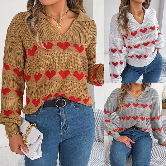 Women's Casual Heart Collar Lantern Sleeve Contrast Color Sweaters