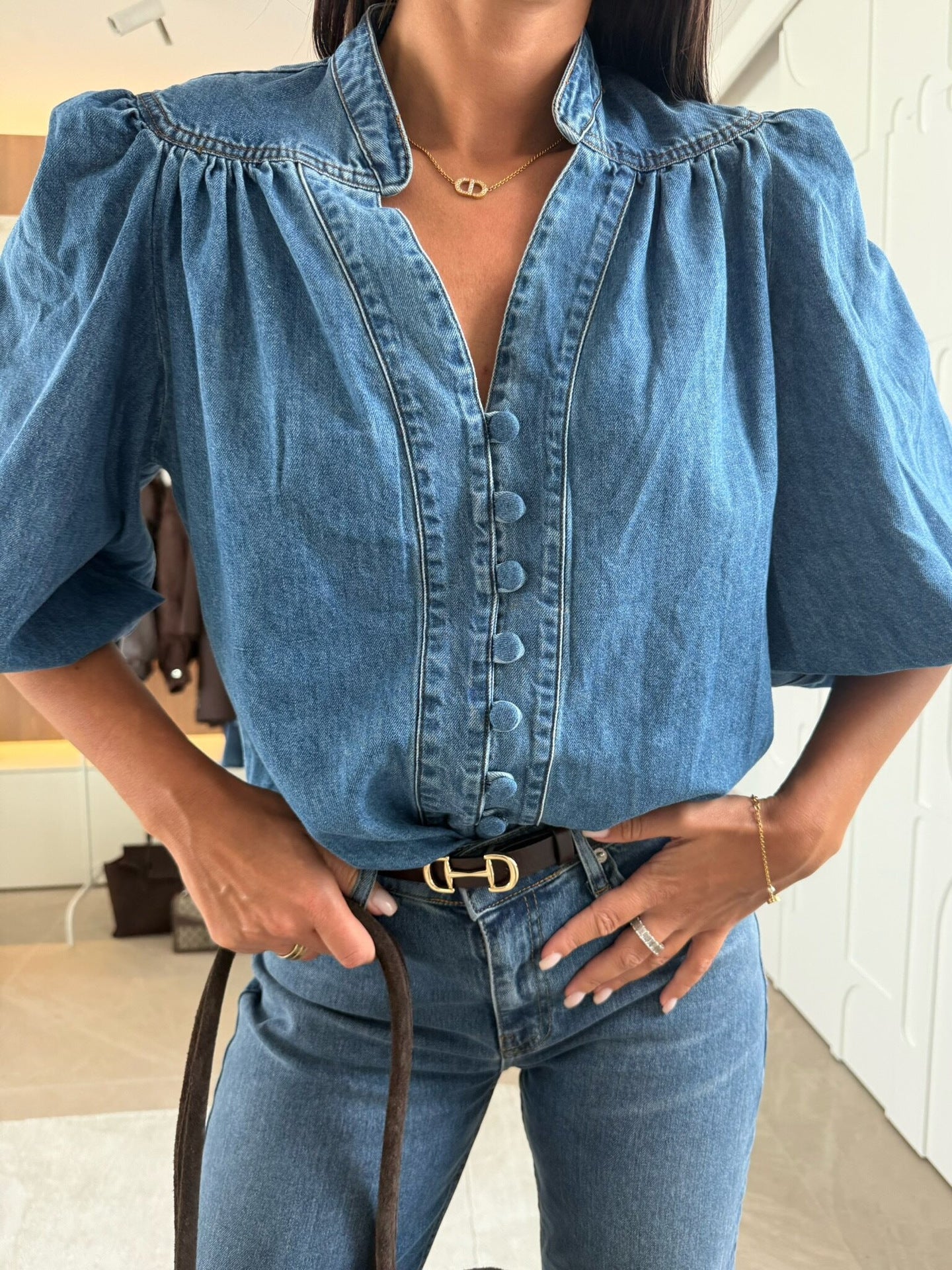 Women's Fashion Casual Retro Lantern Sleeve Denim Blouses