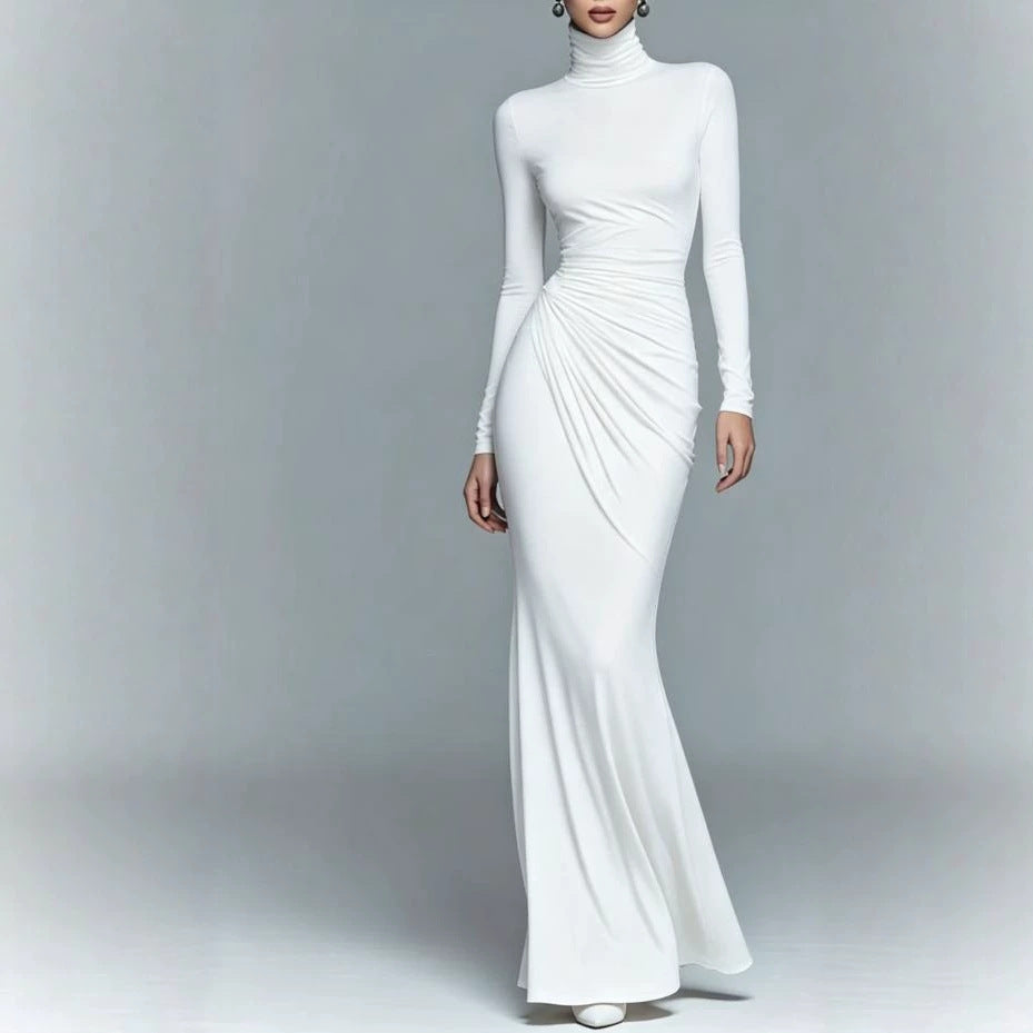 Women's Autumn Solid Color Turtleneck Long Sleeve Sexy Waist Dress