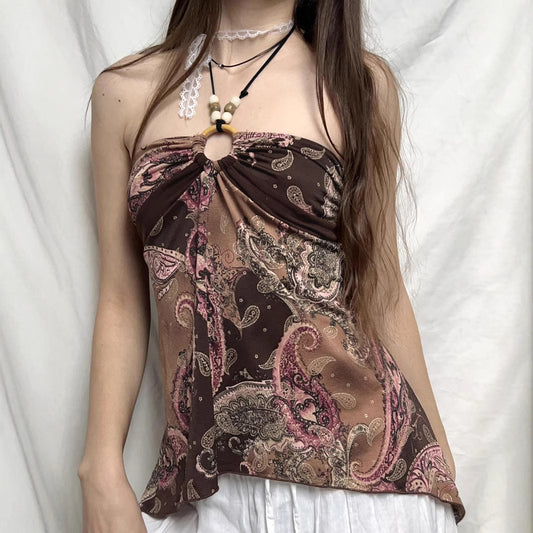 Retro Floral Print Design Beaded Halter Spaghetti Tops