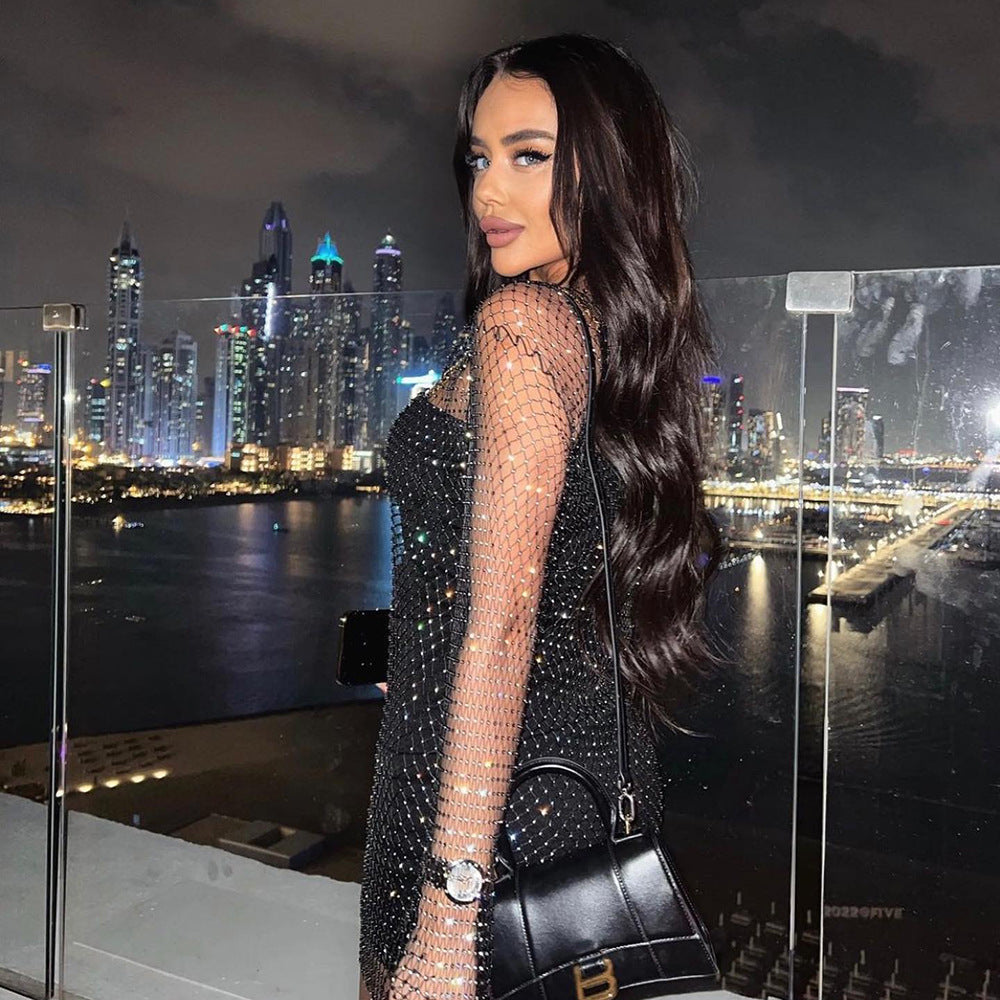Women's Summer Fashion Diamond Round Neck Long Sleeve Fishnet Dresses