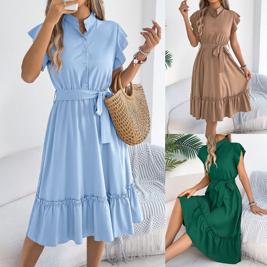 Women's Casual Stand Collar Ruffled Tied Fitted Waist Clothing