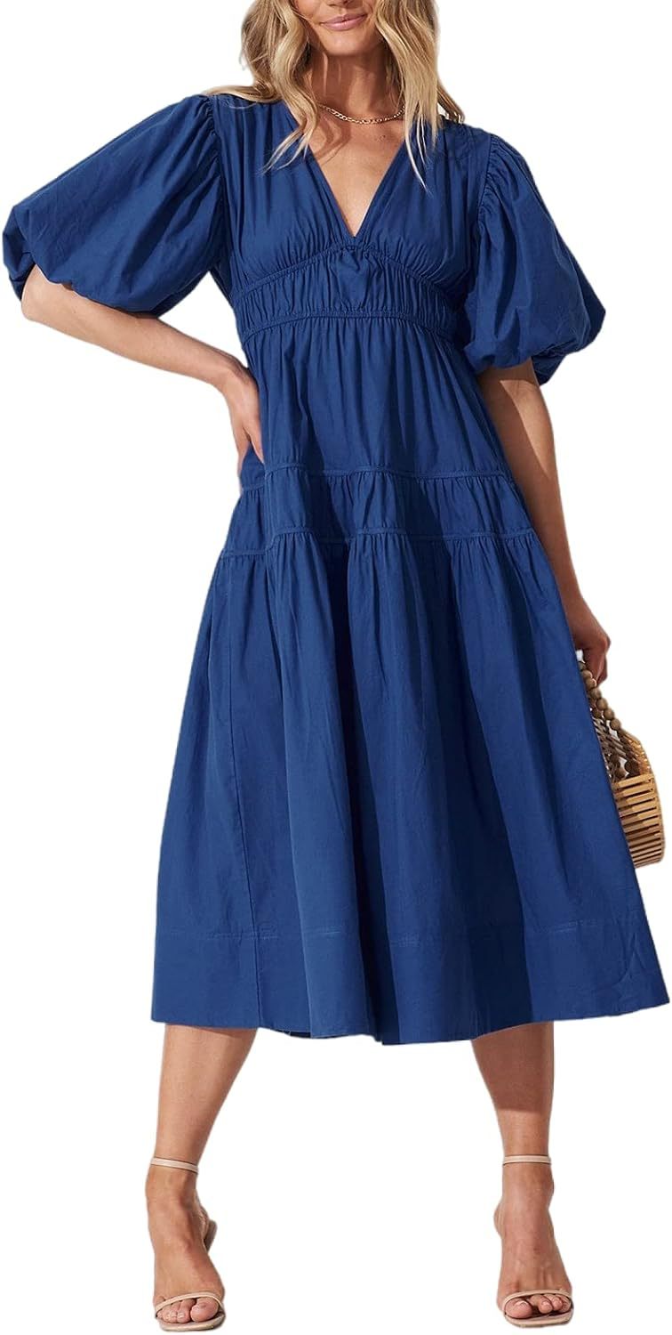 Women's Bohemian Floral Mid-length Dress Pleating Beach Dresses