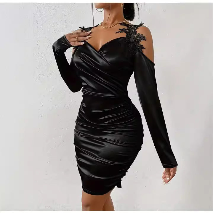 Cool Satin Elegant Lace Tight Draped Dress