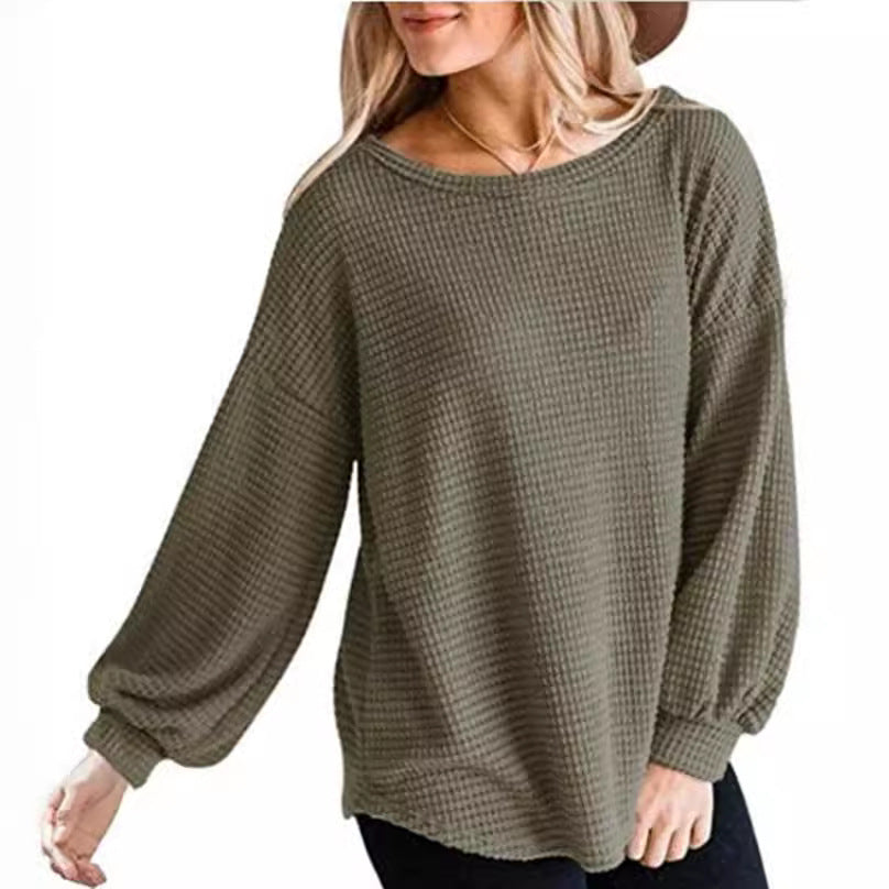 Women's Round Neck Lantern Sleeve Casual Shirt Plus Size