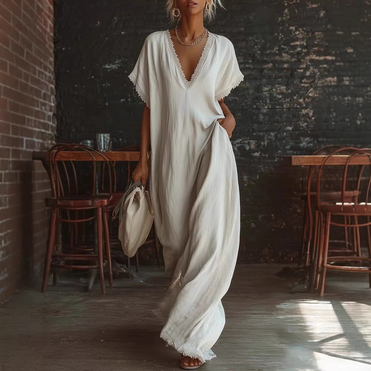 Women's Elegant Comfortable Lace Loose Linen Cotton Dress
