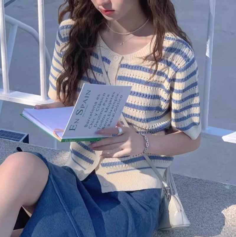 Women's Korean Style Gentle Blue White Striped Women's Sweater