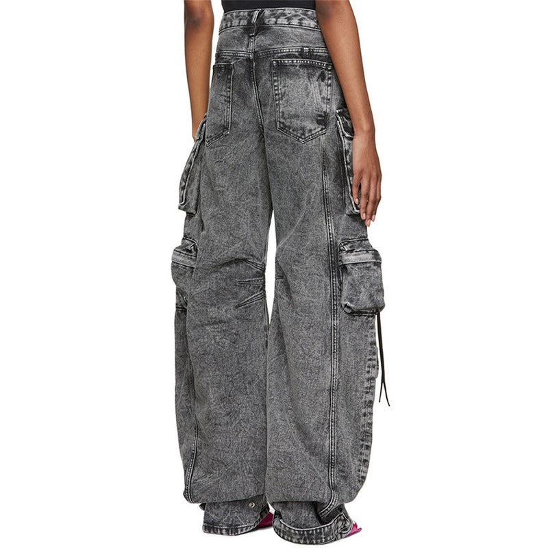 Street Hipster Fashion Smoky Gray Stitching Cargo Washed Pants