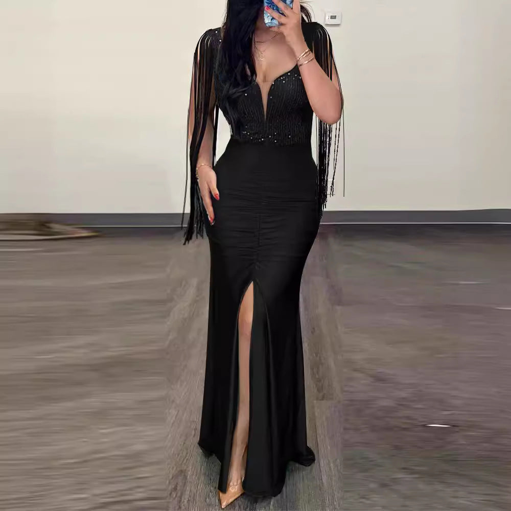 Sequin Sheath Sexy Crew Neck Split Fringe Dress