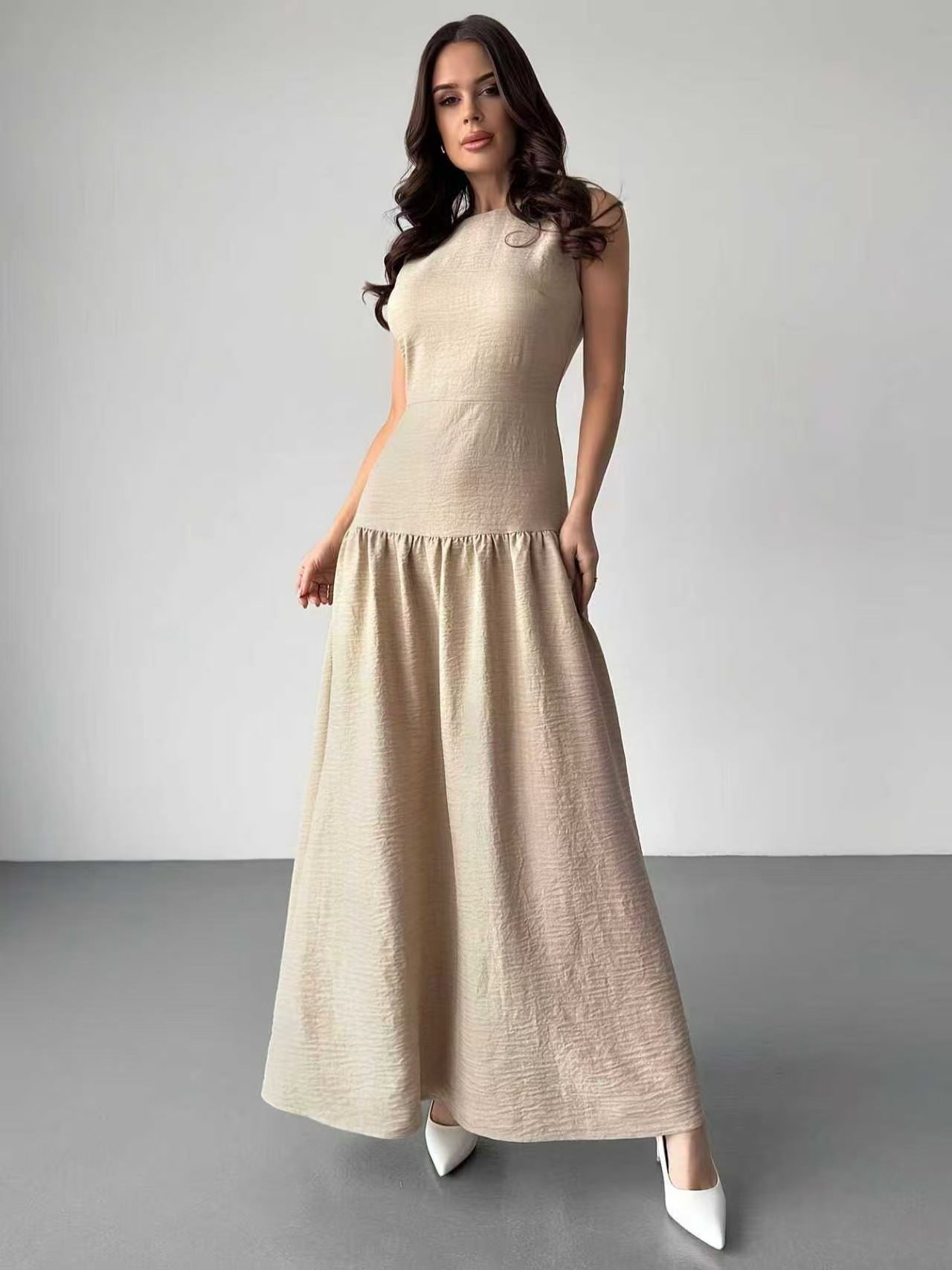 Women's Elegant Imitation Linen Cotton Harness Waist Gentle Retro Dress