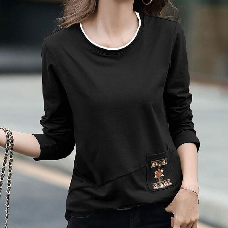 Women's Embroidered Pocket Long Sleeve T-shirt Autumn Stitching Blouses