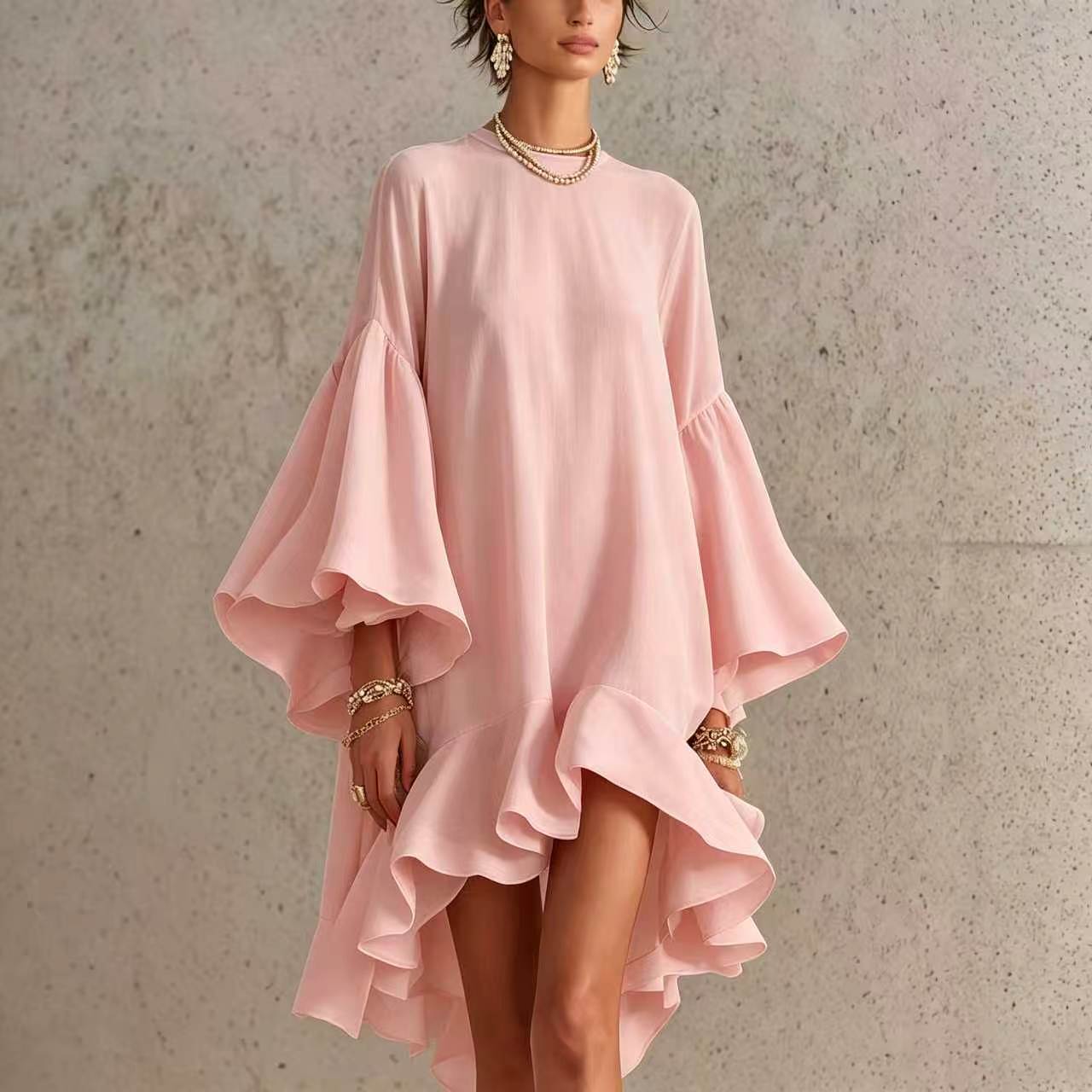 Color Round Neck Large Bell Sleeve Ruffled Dress