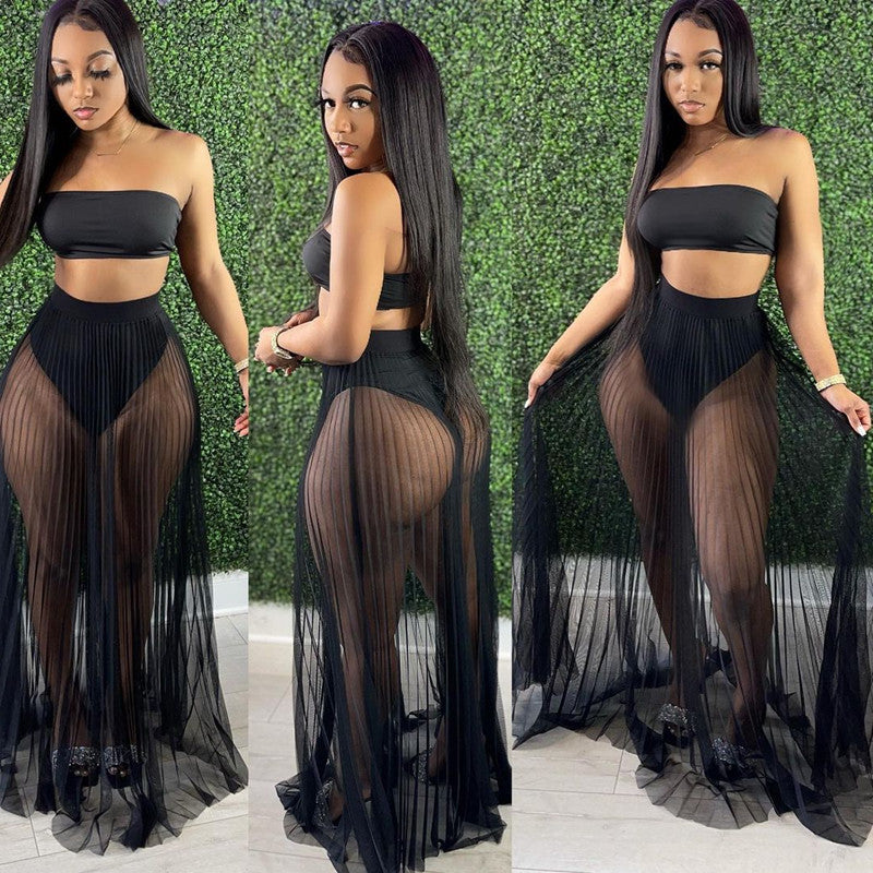 Women's Sexy Mesh Pleating Three-piece Dress Suits