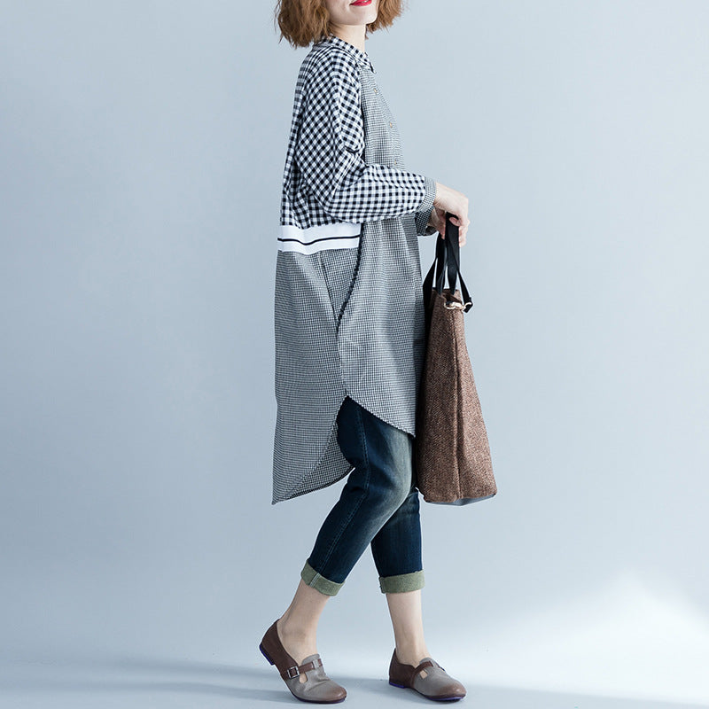 Women's Fashion Loose Leisure Slimming Plaid Lapel Long Sleeve Dress