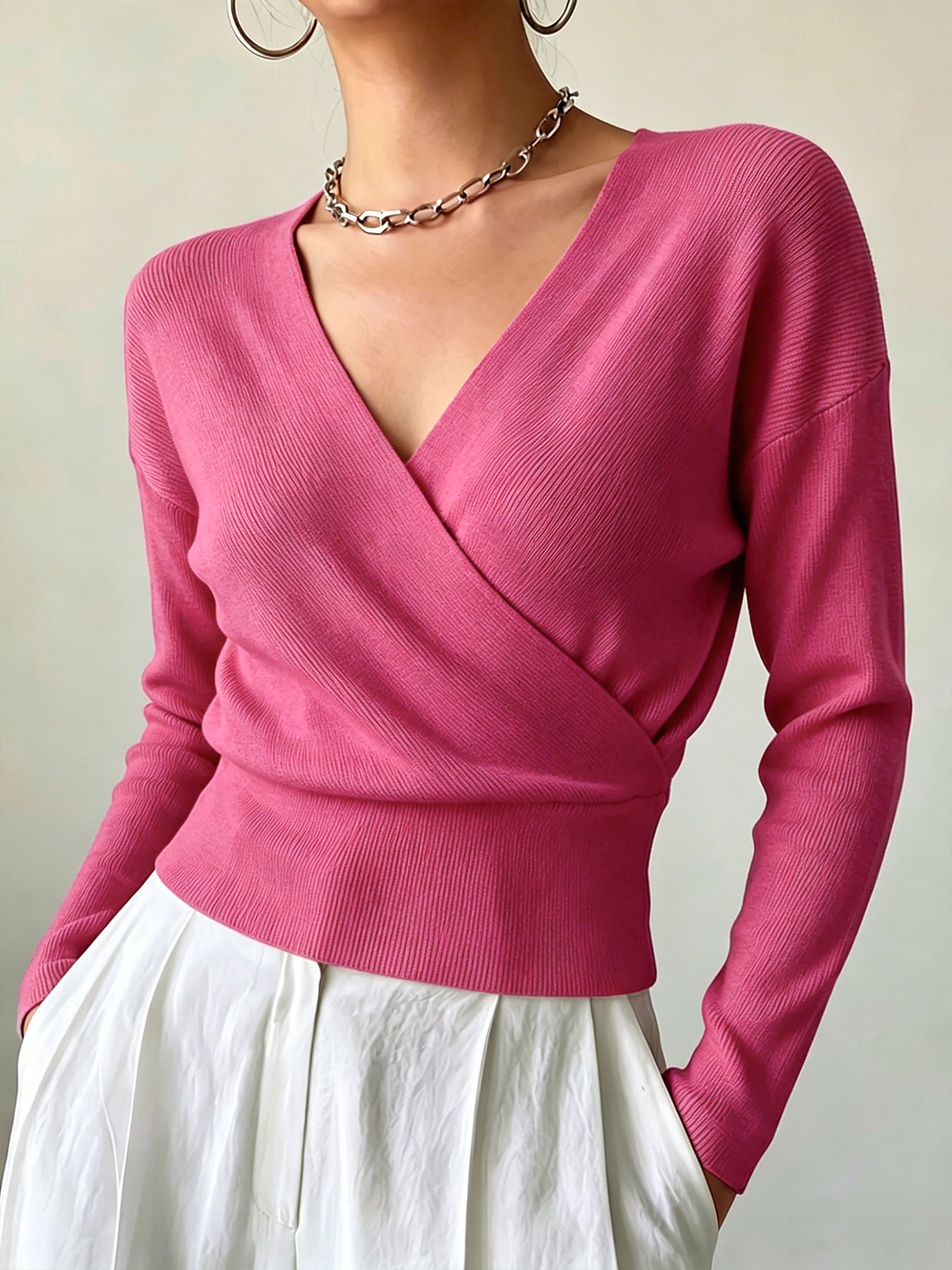 Women's Solid Color Fashion Cross Collar Tight Waist Design Show Figure Sweaters