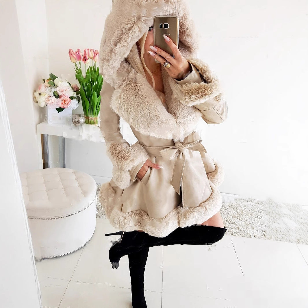Women's Pure Color Belt Classic Style Fur Coats