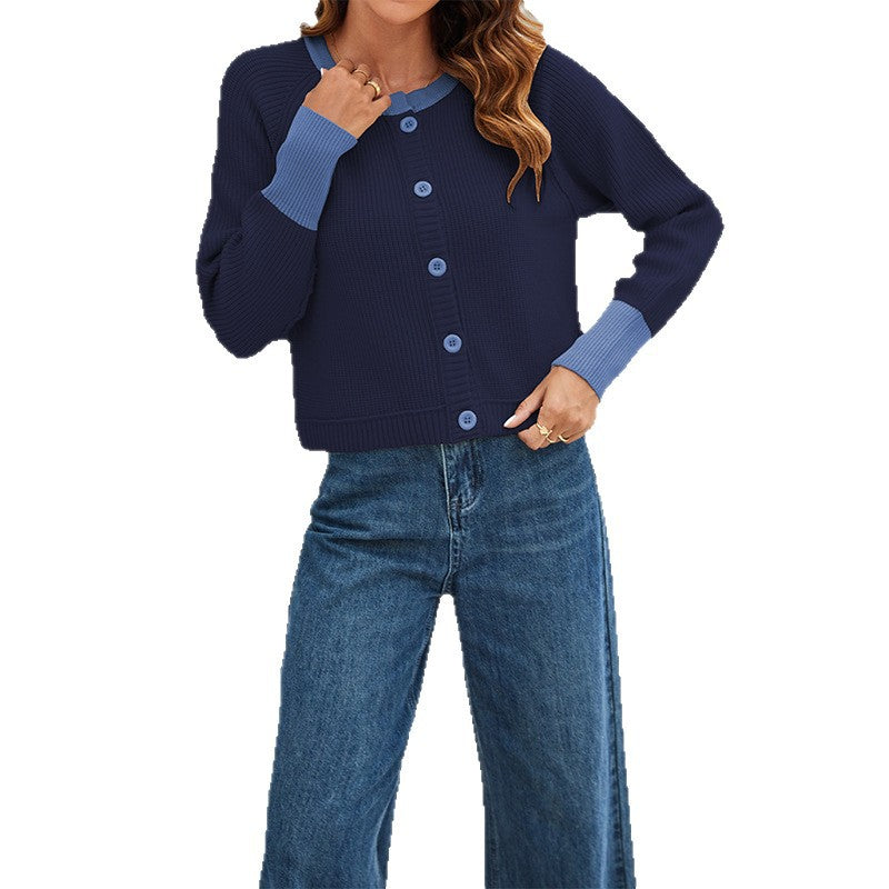 Women's Single Row Button Contrast Color Knitted Sweaters