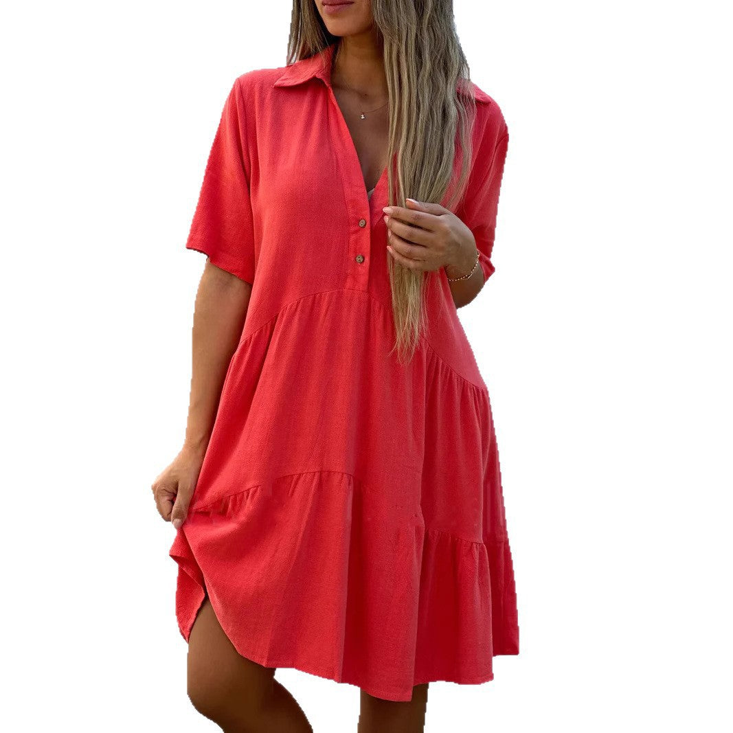 Women's Loose Solid Color Polo Collar Casual Sleeve Dress