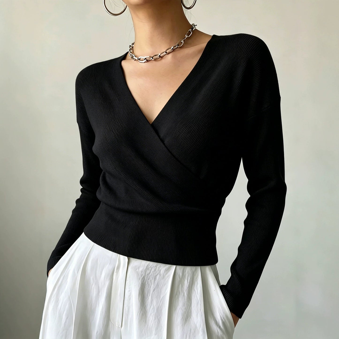 Women's Solid Color Fashion Cross Collar Tight Waist Design Show Figure Sweaters