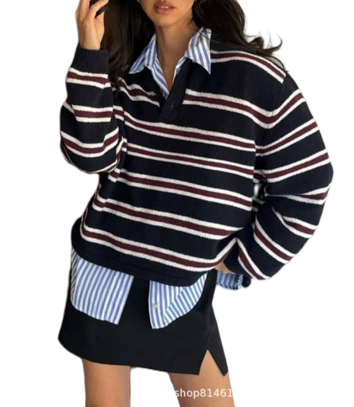 Women's Vintage Stripe Collar Loose Idle Henry Sweater