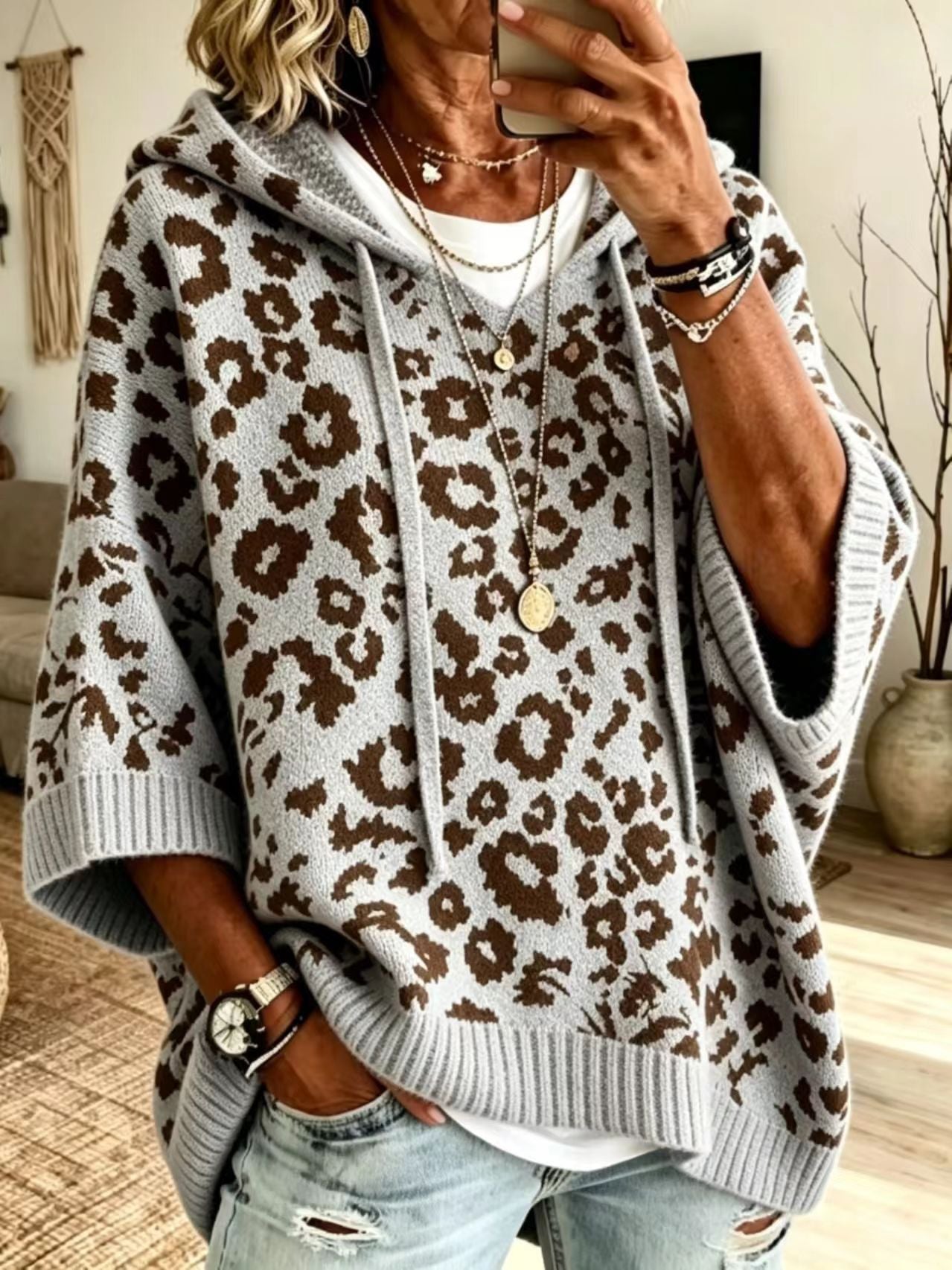 Leopard Print Hooded Drawstring Knitted Outerwear Pullover Sweater