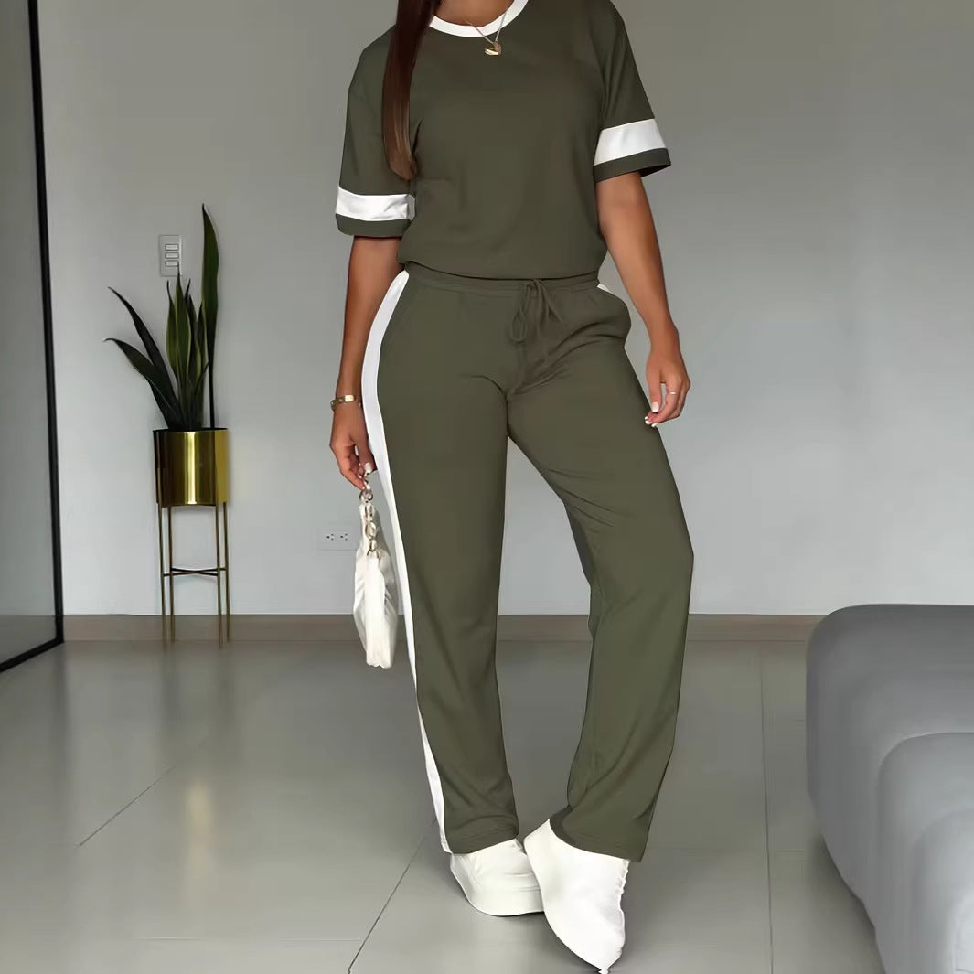 Women's Short-sleeved Side Striped Contrast Color Two-piece Fashion Casual Suit