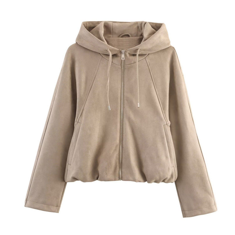 Women's Loose Hooded Suede Texture Effect Jackets