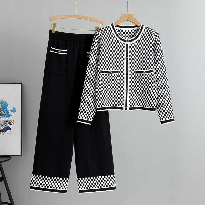 Women's Plaid Fashion Casual Knitted Two-piece Suits