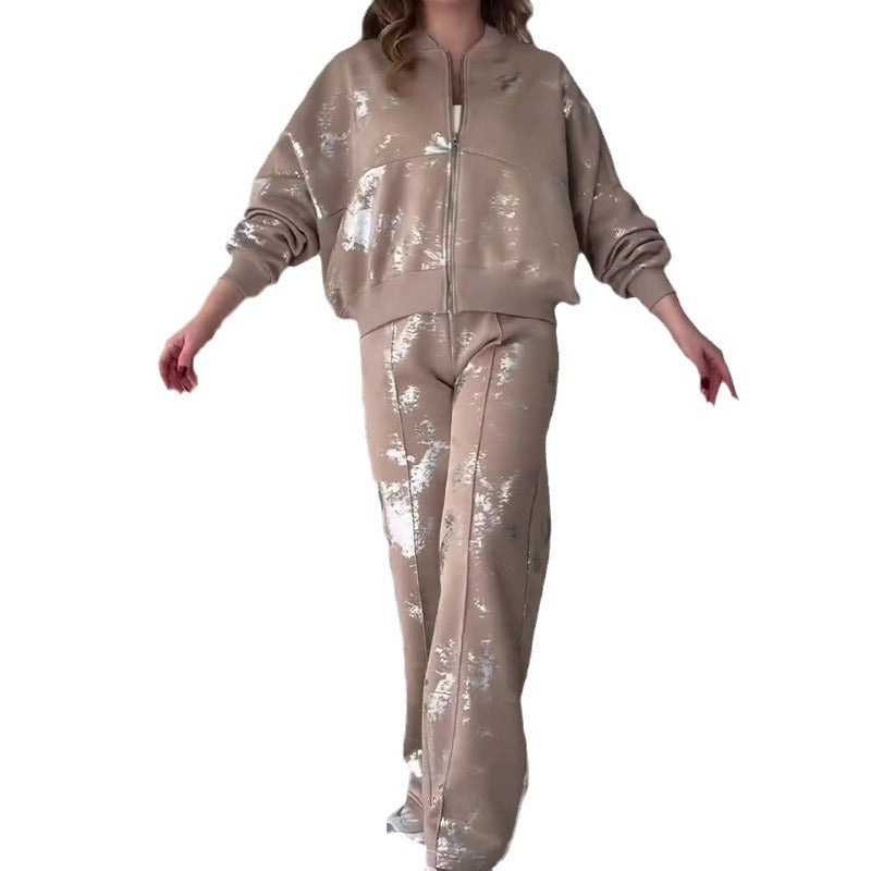 Summer Fashionable Sequins Printed Zipper Casual Suits