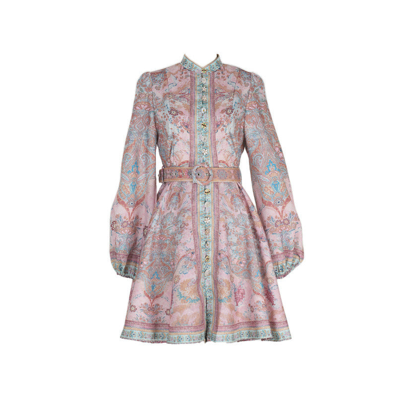 Design High Version Single-breasted Stand-up Collar Puff Sleeve Dresses