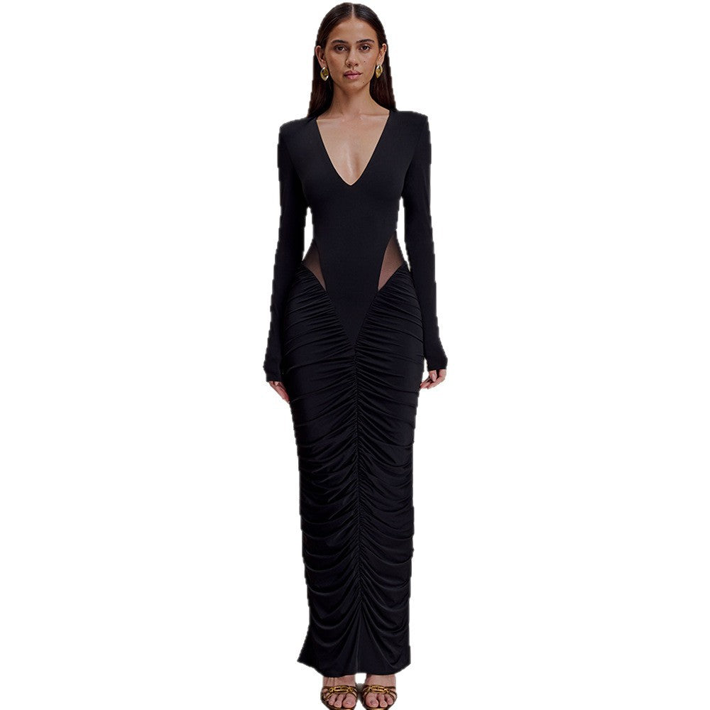 Women's Solid Color Deep V Sexy Midriff Outfit Pleated Waist Tight Dress