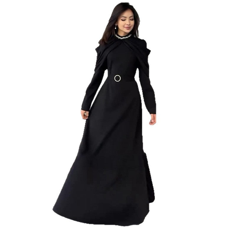 Women's Elegant Collar Open Diamond Black Long Dresses