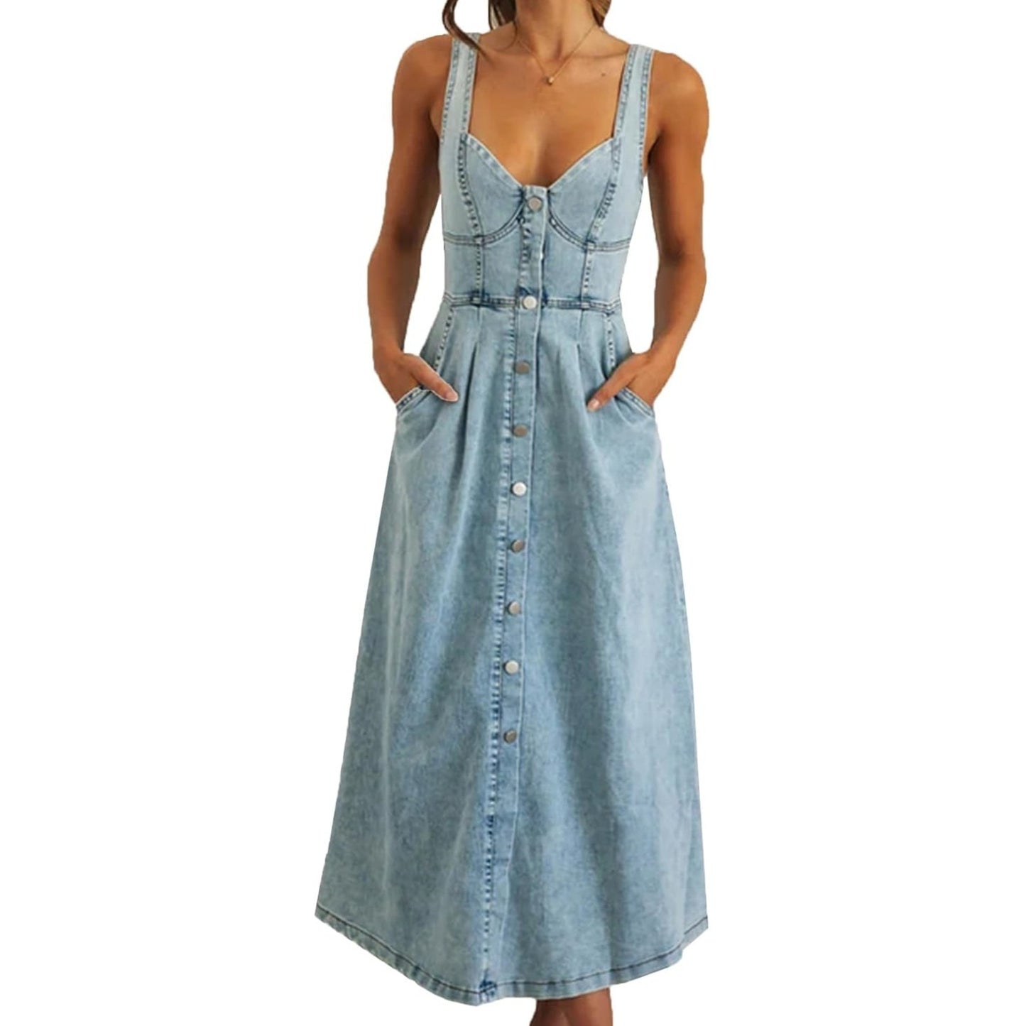 Women's Summer Blue Denim Distressed Strap Single Row Button Dress
