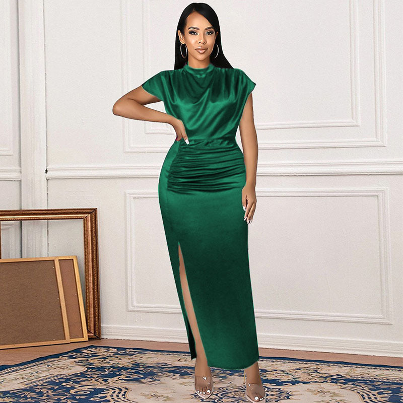 Turtleneck Satin Solid Color Slit Hemline Style Dress