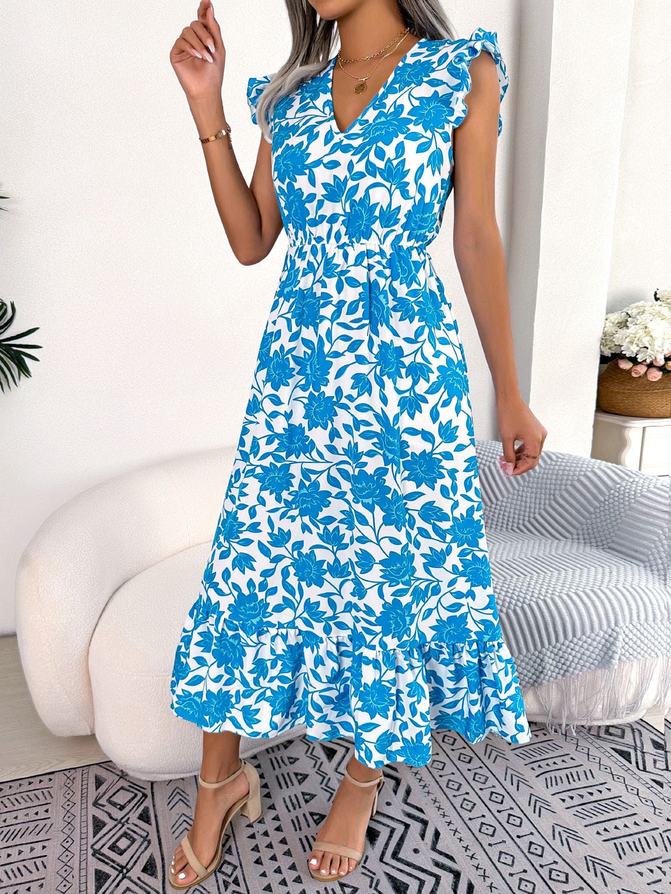 Women's Casual Wooden Ear Flower Long Holiday Dress