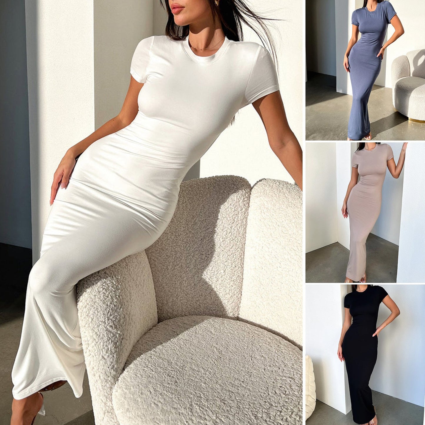 Women's Fashion Beauty Solid Color Round Neck Elegant Slim Sexy Sleeve Dress