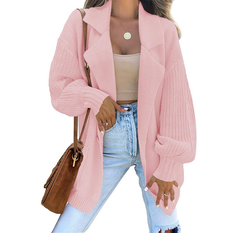 Solid Color Collar Long Sleeve Knitted Sweaters