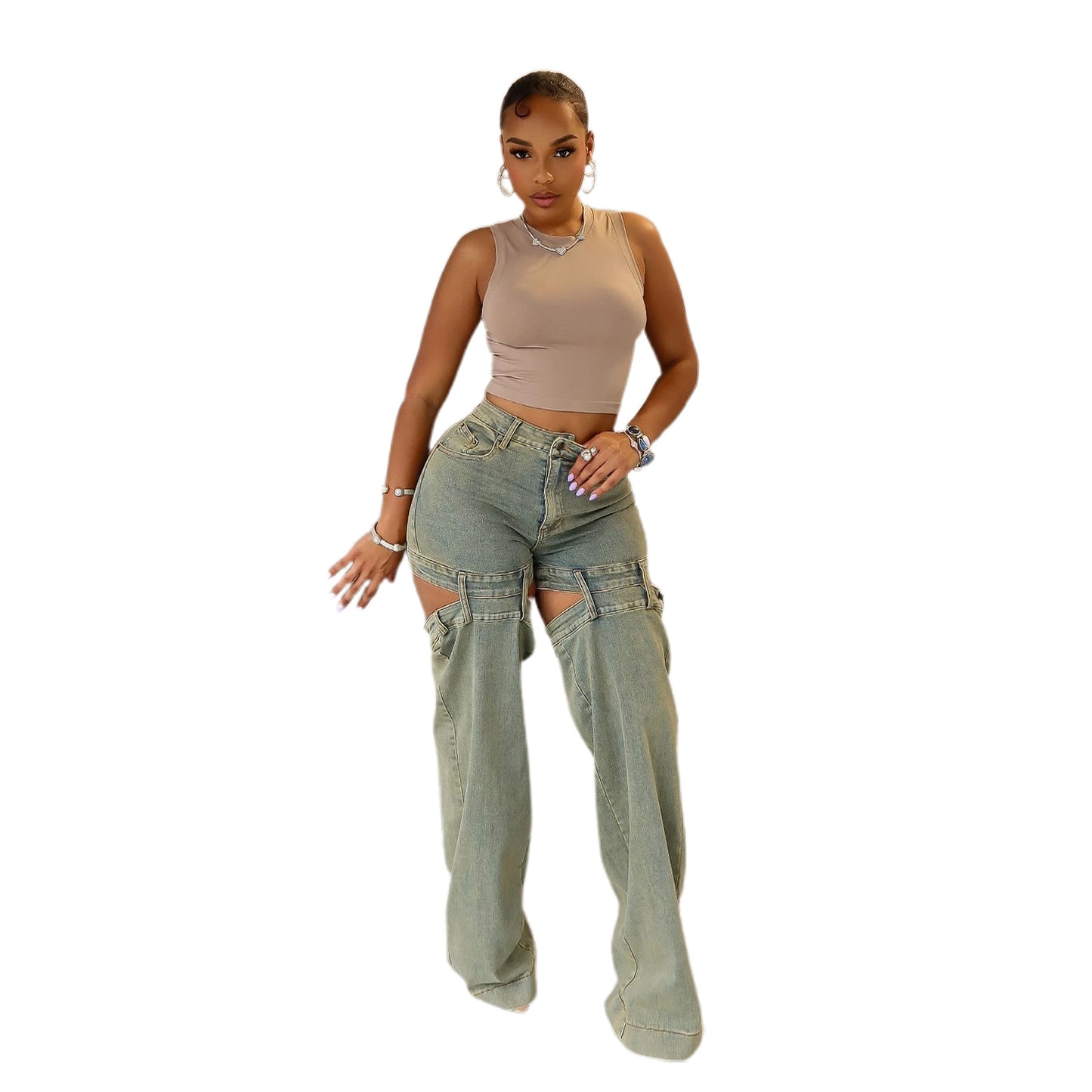 Women's Straight Street Fashion Retro Washed Hollow Jeans