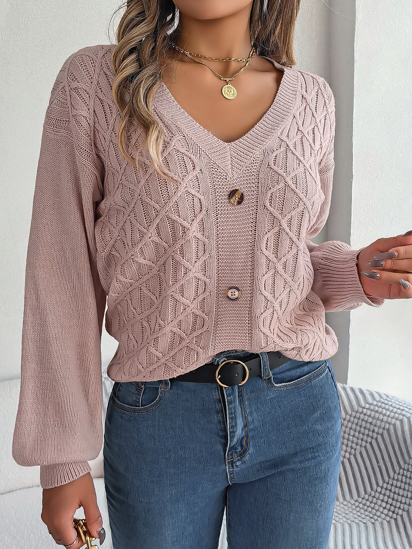 Women's Clearance Style Casual Button Twist Lantern Sleeve Sweaters