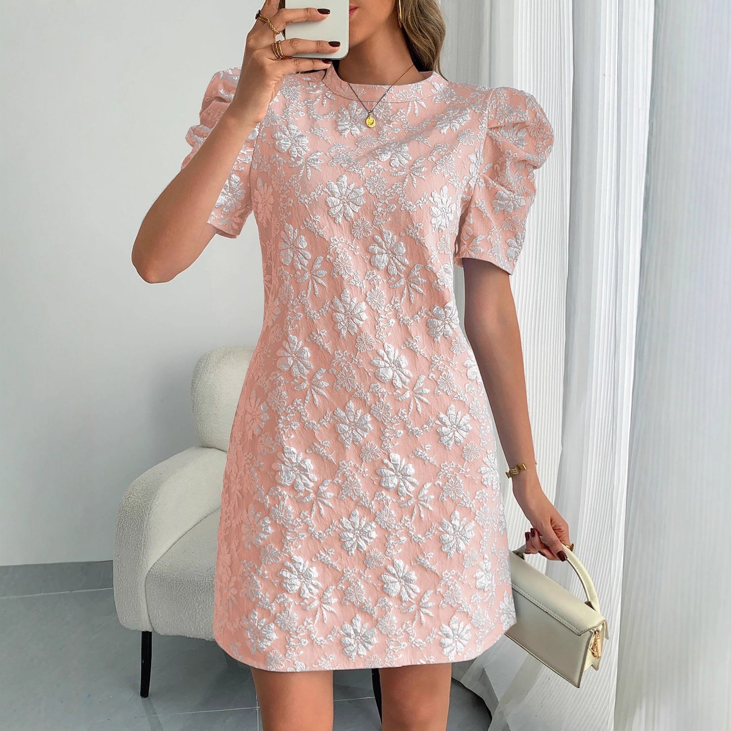 Women's Summer Bubble Sleeve Texture Jacquard Round Neck Dress