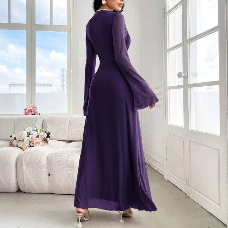 Flared Sleeves Tight Waist Pinch Pleated Slim Fit Solid Color Dress