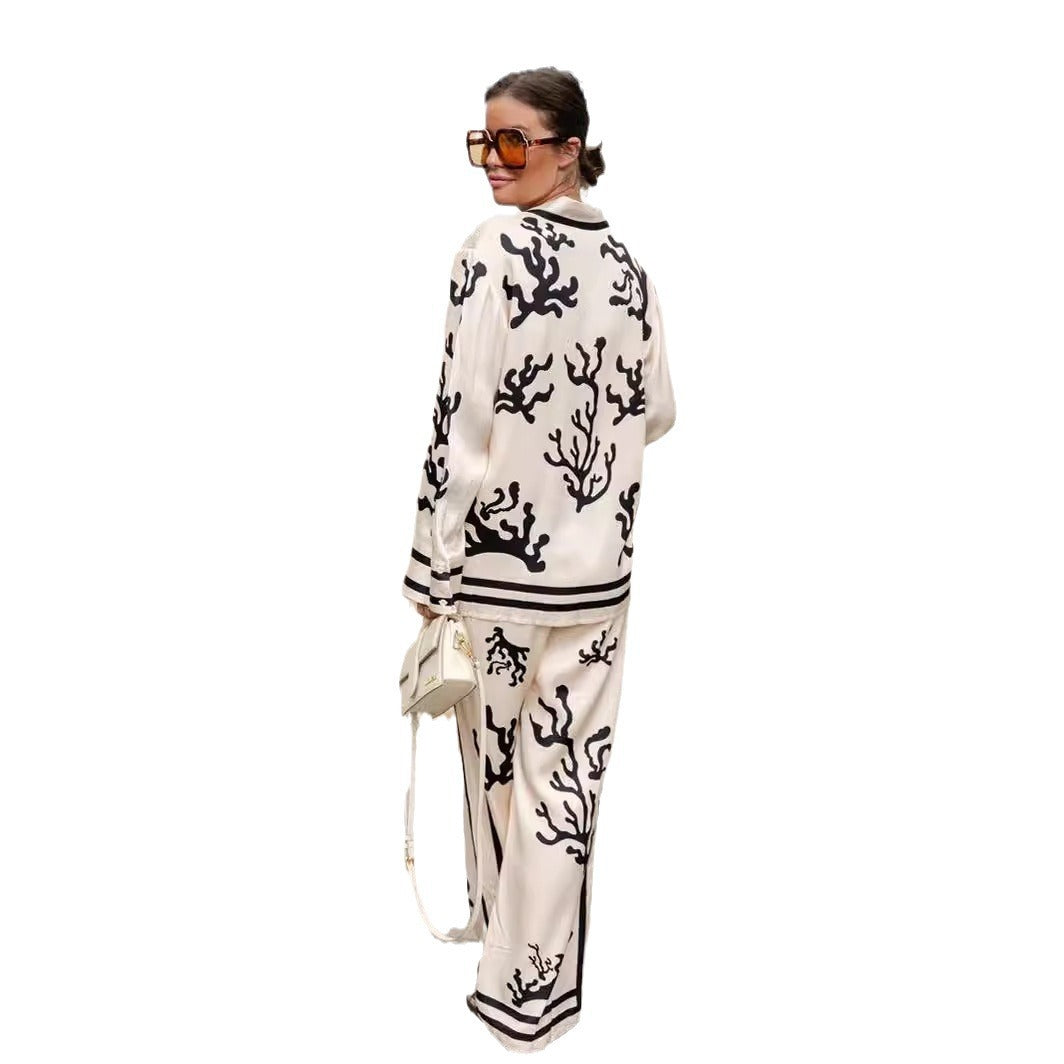 Multicolor Printing Satin Vacation Loose Two-piece Suits
