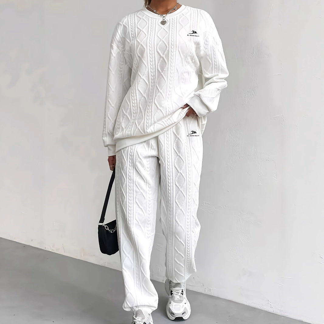 Women's Twist Stitching Long Sleeve Round Neck Trousers Two-piece Fashion Casual Suit