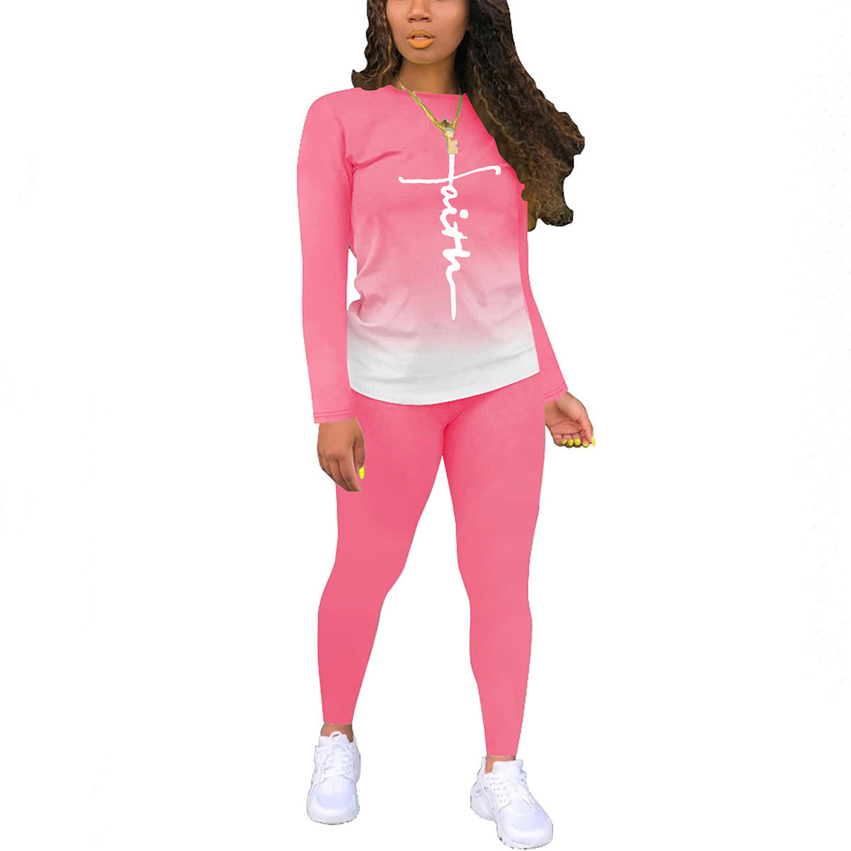 Women's Color Gradient Printing Round Neck Long Sleeve Trousers Suits