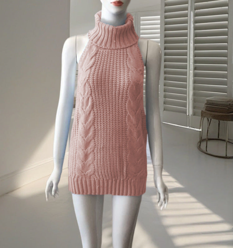 Spring Sexy Backless Turtleneck Sleeveless Knitted Pullover Women's Sweater