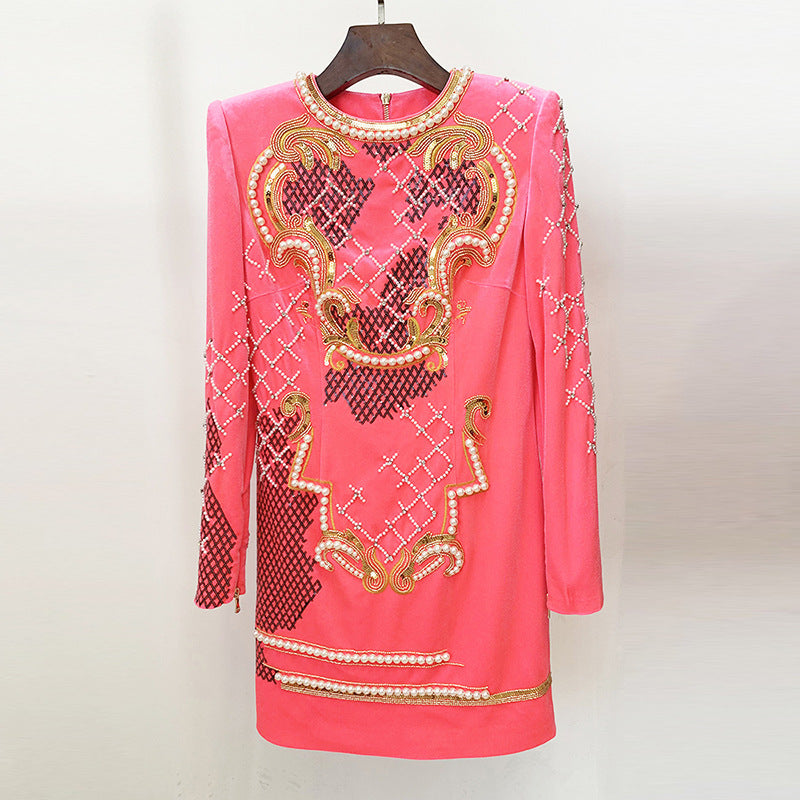 Diamonds Bead Long Sleeve Gold Veet Dress