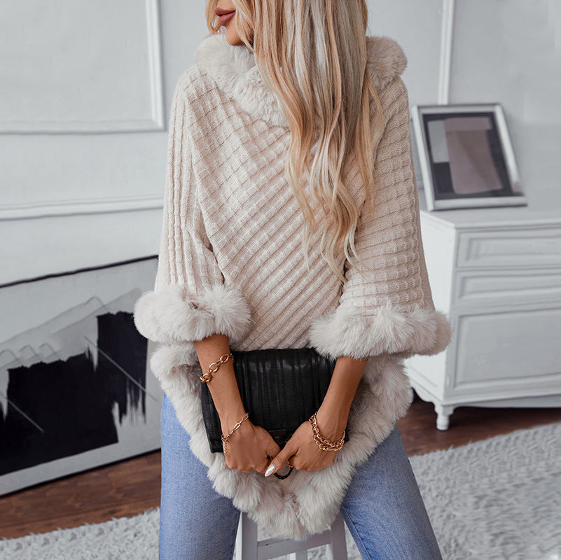 Women's Solid Color Fur Collar Pullover Thick Retro Plaid Women's Sweater