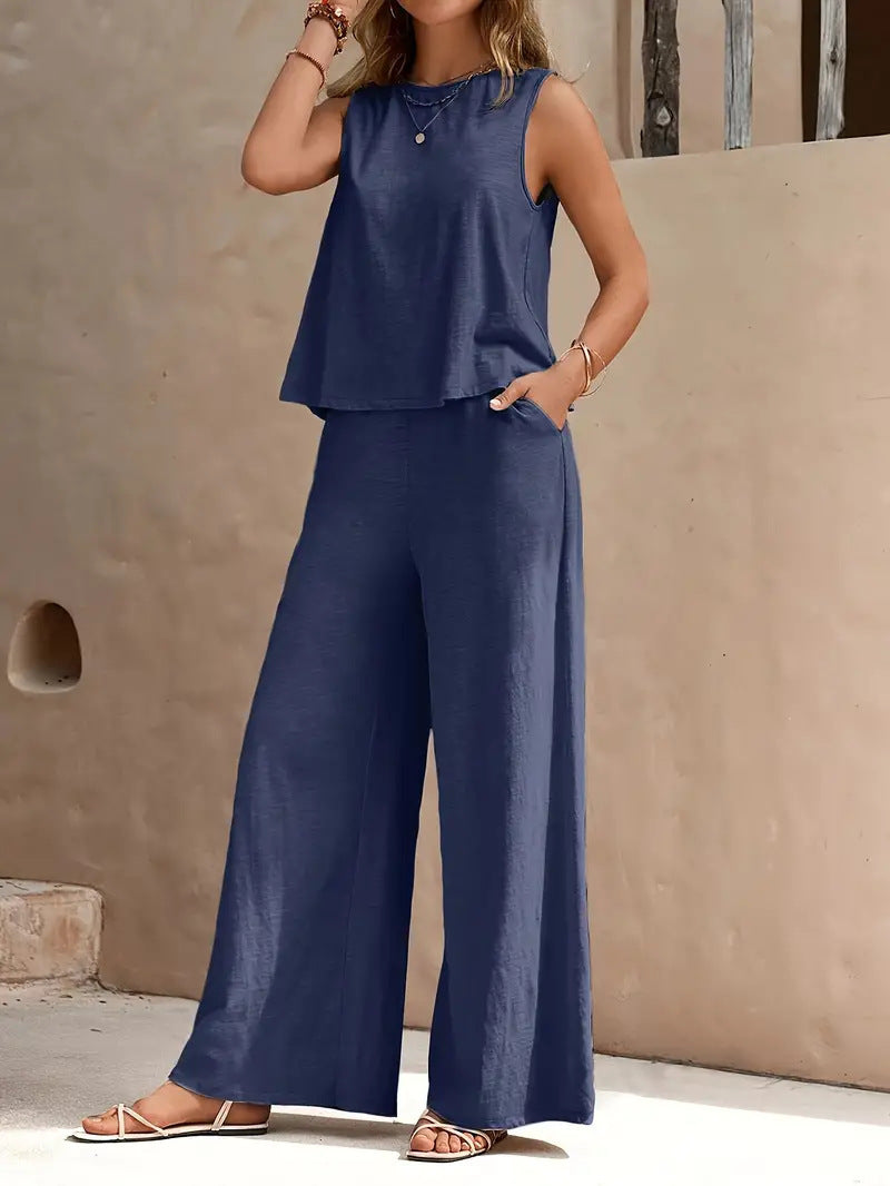Women's Round Neck Wide Leg Cotton Linen Fashion Casual Suit